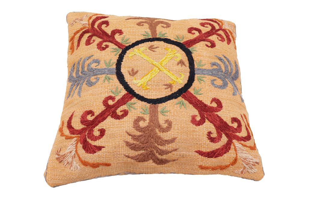 handmade Traditional Pillow Orange Red Hand-Woven SQUARE 100% WOOL Handmade pillow