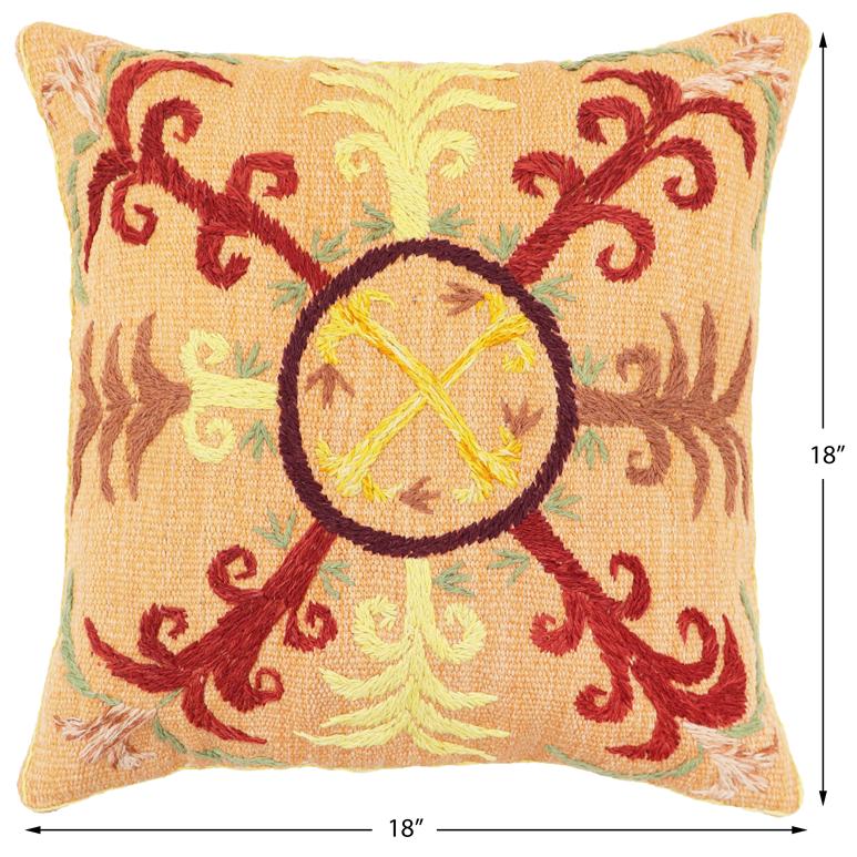 handmade Traditional Pillow Orange Red Hand-Woven SQUARE 100% WOOL Handmade pillow