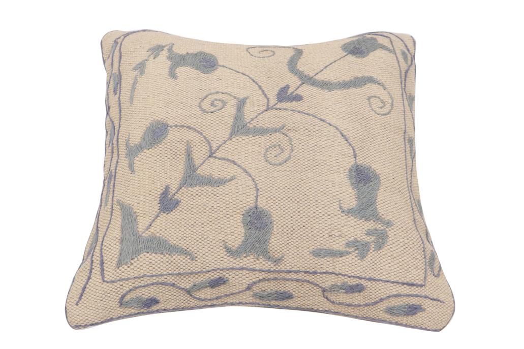 handmade Traditional Pillow Beige Blue Hand-Woven SQUARE 100% WOOL Handmade pillow