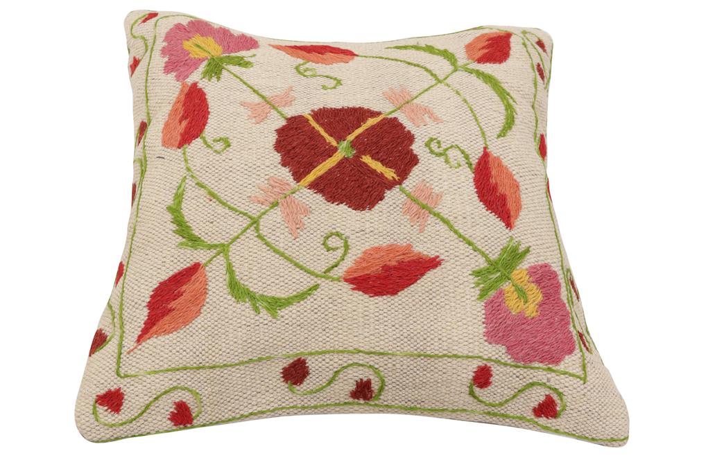 handmade Traditional Pillow Beige Red Hand-Woven SQUARE 100% WOOL Handmade pillow