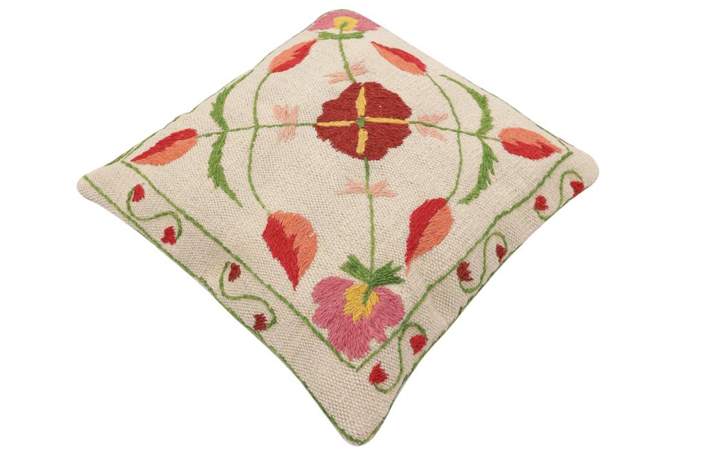 handmade Traditional Pillow Beige Red Hand-Woven SQUARE 100% WOOL Handmade pillow