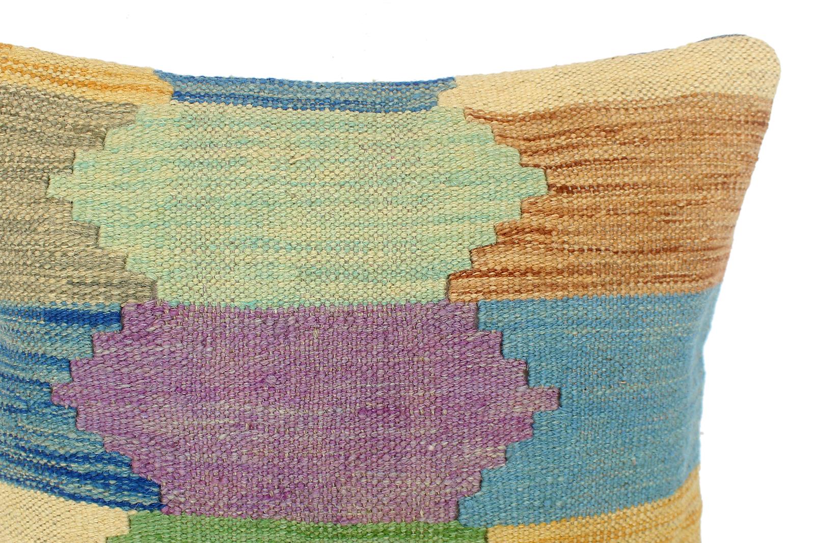 handmade Modern Pillow Blue Beige Hand-Woven SQUARE 100% WOOL  Hand woven turkish pillow  2 x 2