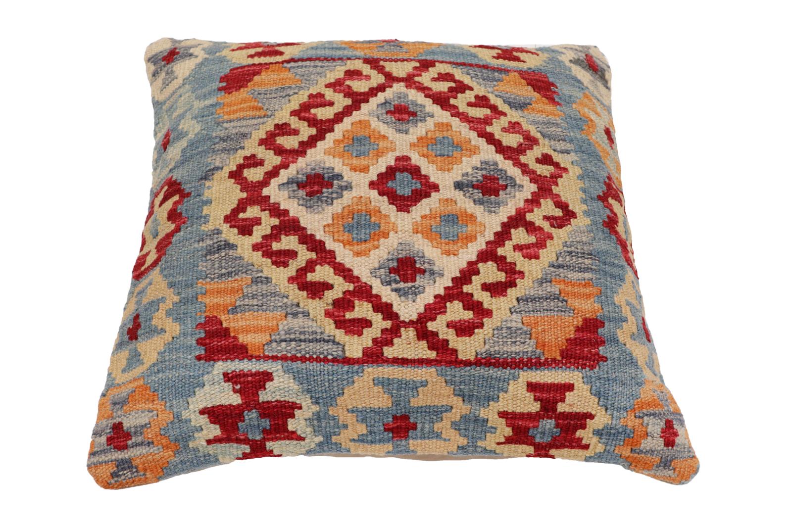 handmade Traditional Pillow Blue Red Hand-Woven SQUARE 100% WOOL Hand woven turkish pillow2 x 2