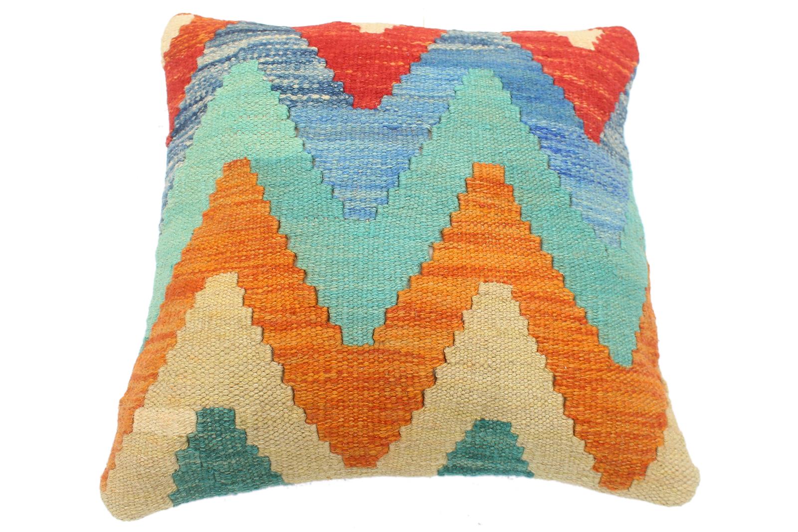 handmade Modern Pillow Rust Blue Hand-Woven SQUARE 100% WOOL  Hand woven turkish pillow  2 x 2