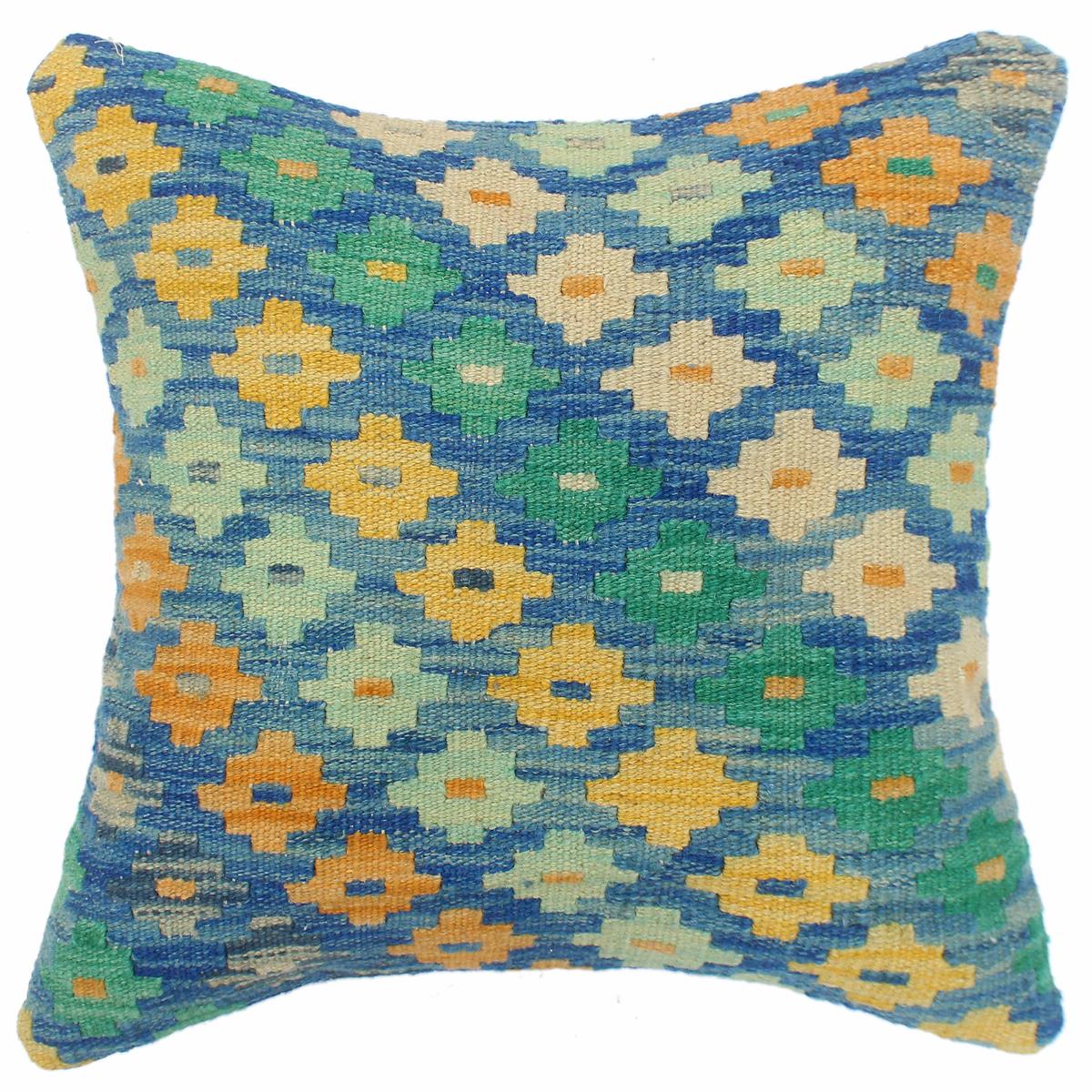 18x18 hand woven kilim throw pillow in blue, beige and orange - Bohemian Mcneil