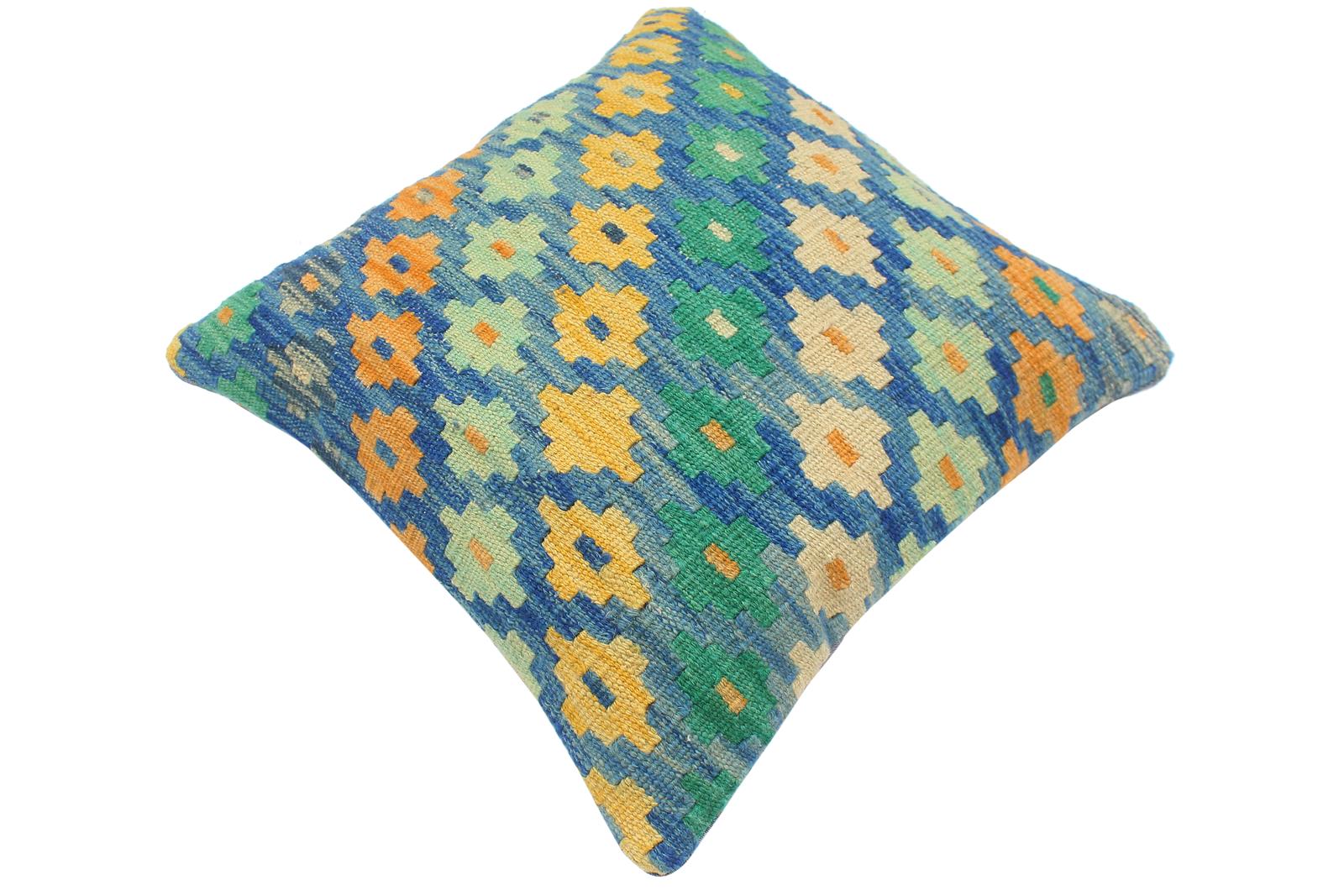 handmade Traditional Pillow Blue Beige Hand-Woven SQUARE 100% WOOL Hand woven turkish pillow2 x 2