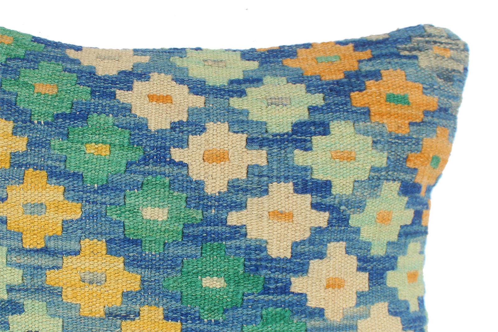 handmade Traditional Pillow Blue Beige Hand-Woven SQUARE 100% WOOL Hand woven turkish pillow2 x 2