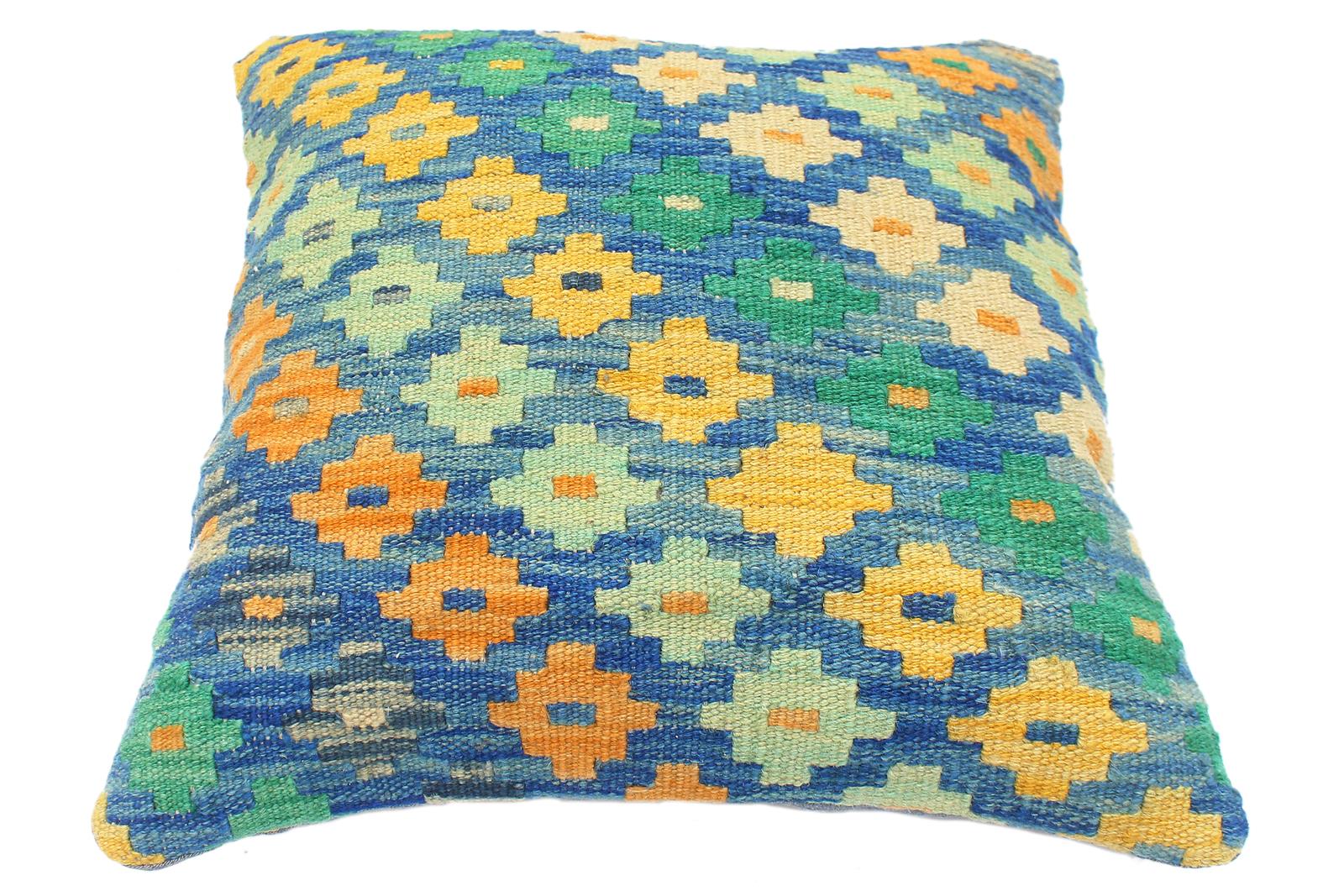 handmade Traditional Pillow Blue Beige Hand-Woven SQUARE 100% WOOL Hand woven turkish pillow2 x 2