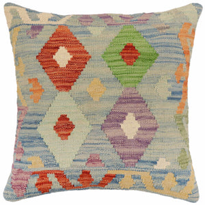 18x18 hand woven kilim throw pillow in blue, rust and beige - Southwestern Costa