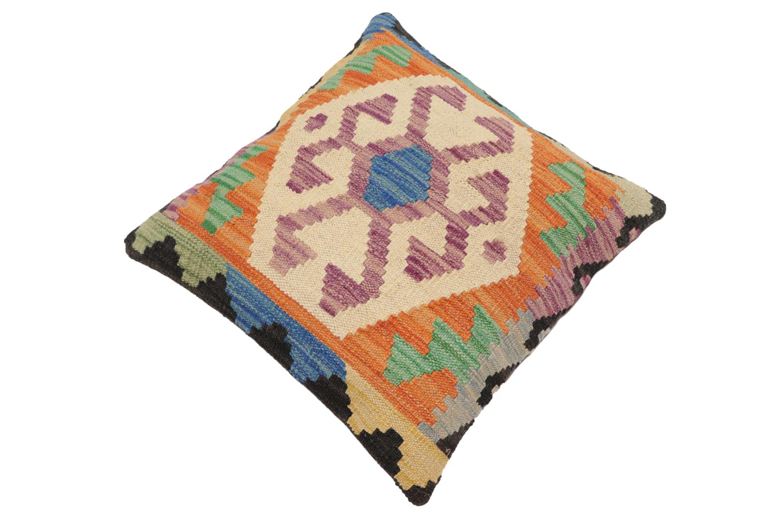 handmade Traditional Pillow Blue Beige Hand-Woven SQUARE 100% WOOL Hand woven turkish pillow2 x 2