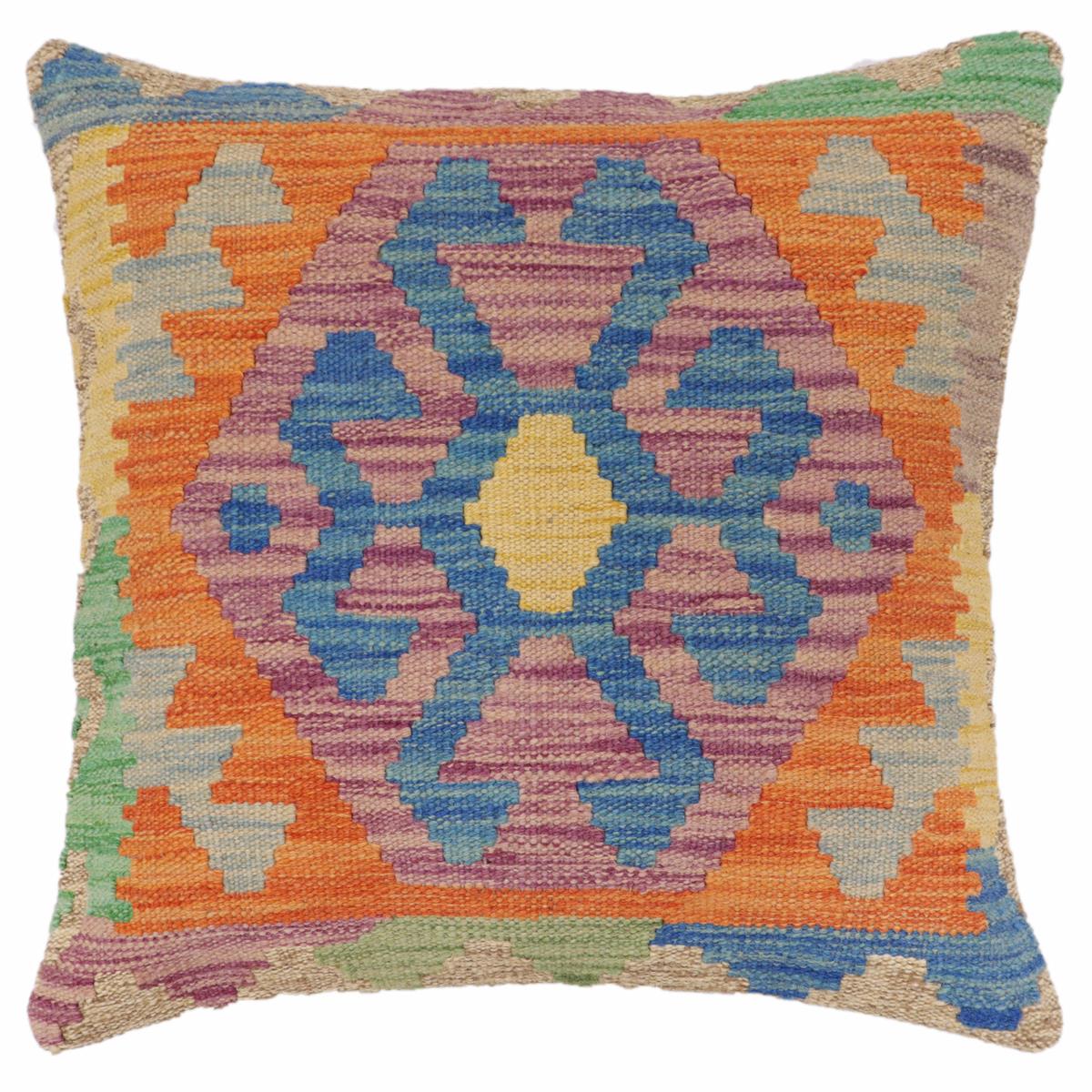 18x18 hand woven kilim throw pillow in blue, orange and green - Bohemian Sullivan