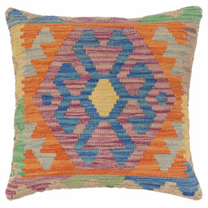 18x18 hand woven kilim throw pillow in blue, orange and green - Bohemian Sullivan
