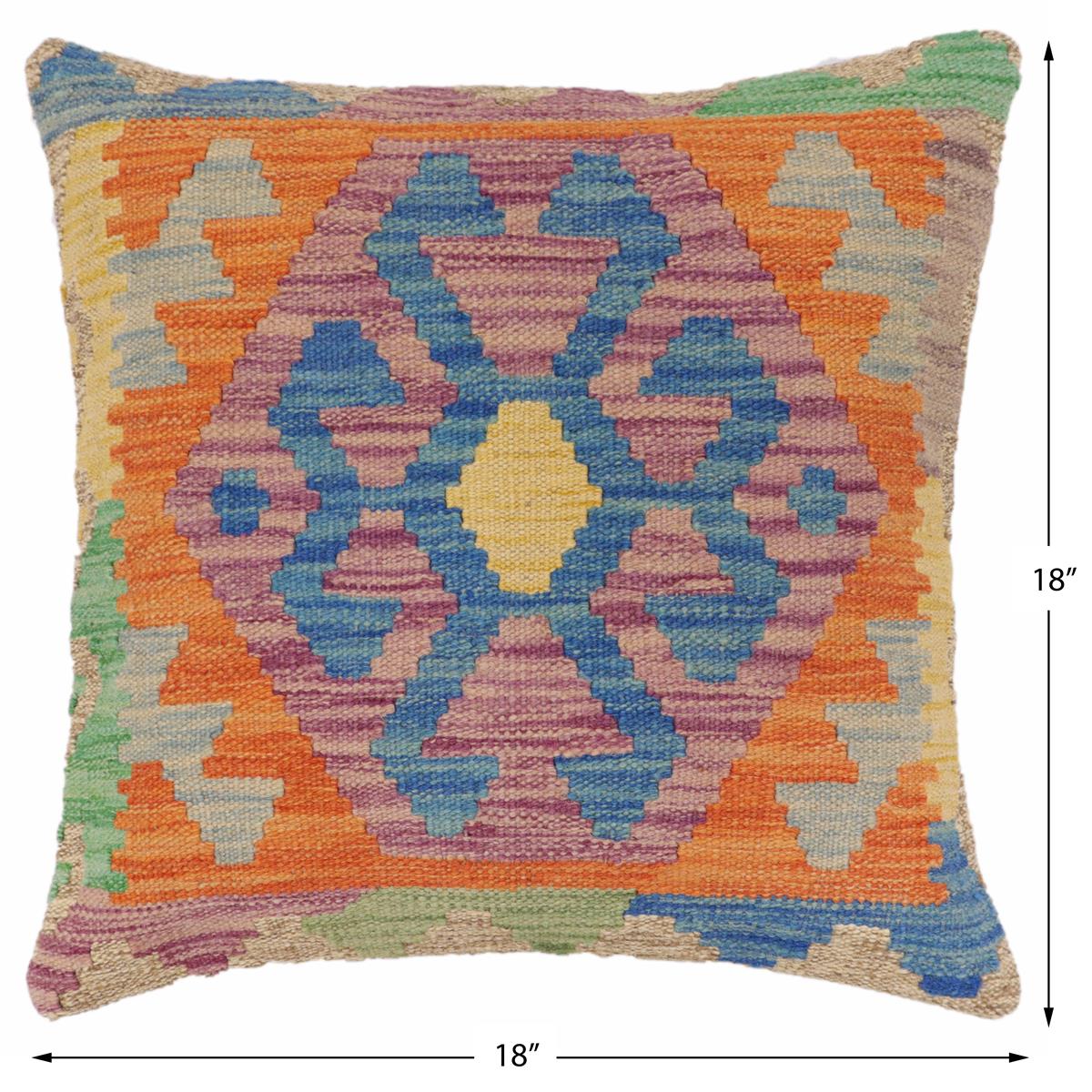 handmade Traditional Pillow Blue Orange Hand-Woven SQUARE 100% WOOL Hand woven turkish pillow2 x 2