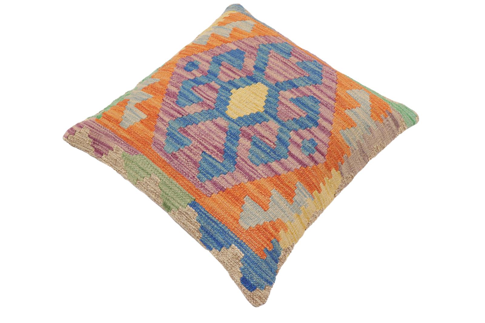 handmade Traditional Pillow Blue Orange Hand-Woven SQUARE 100% WOOL Hand woven turkish pillow2 x 2