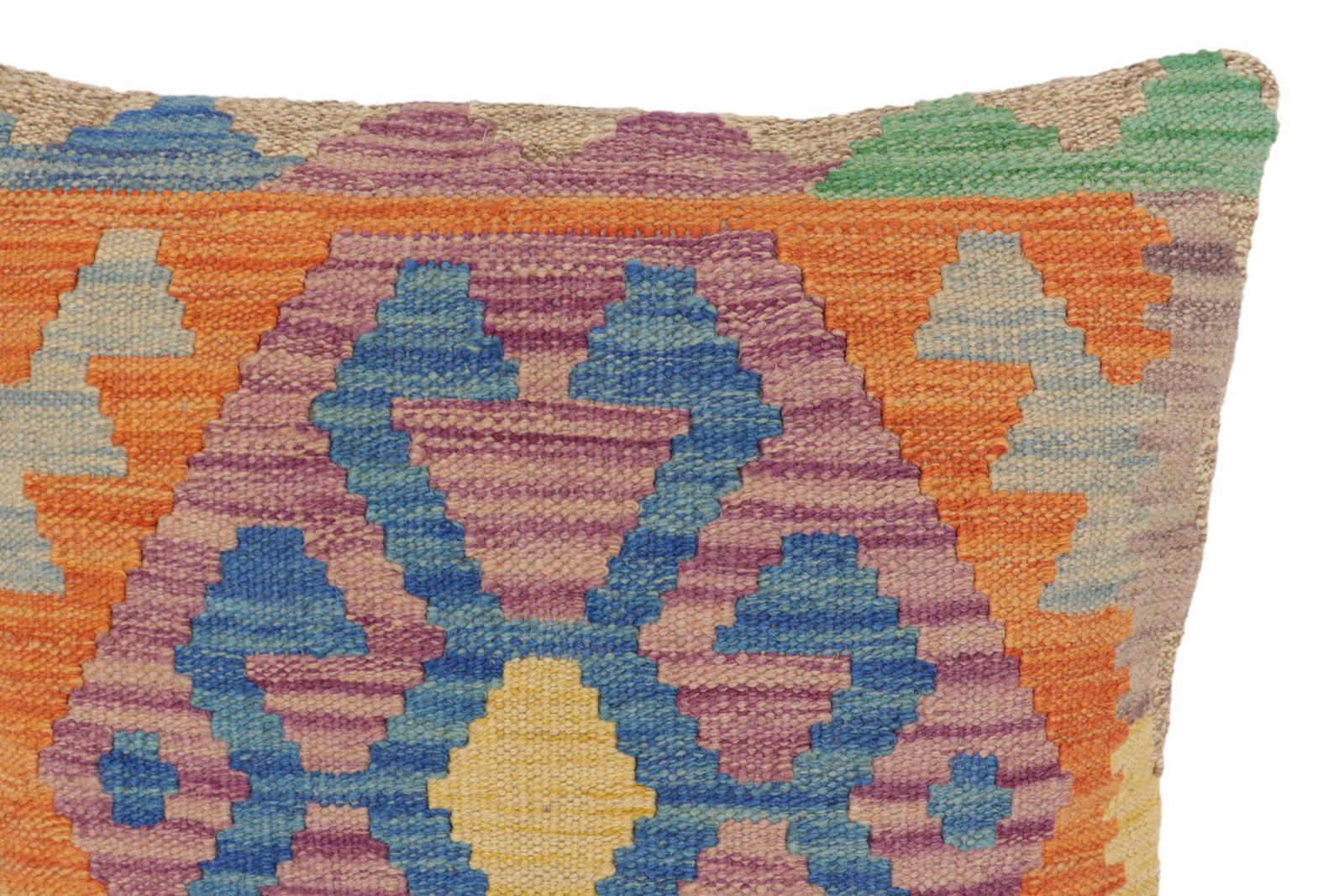 handmade Traditional Pillow Blue Orange Hand-Woven SQUARE 100% WOOL Hand woven turkish pillow2 x 2