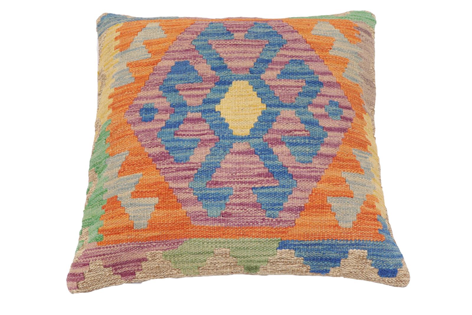 handmade Traditional Pillow Blue Orange Hand-Woven SQUARE 100% WOOL Hand woven turkish pillow2 x 2
