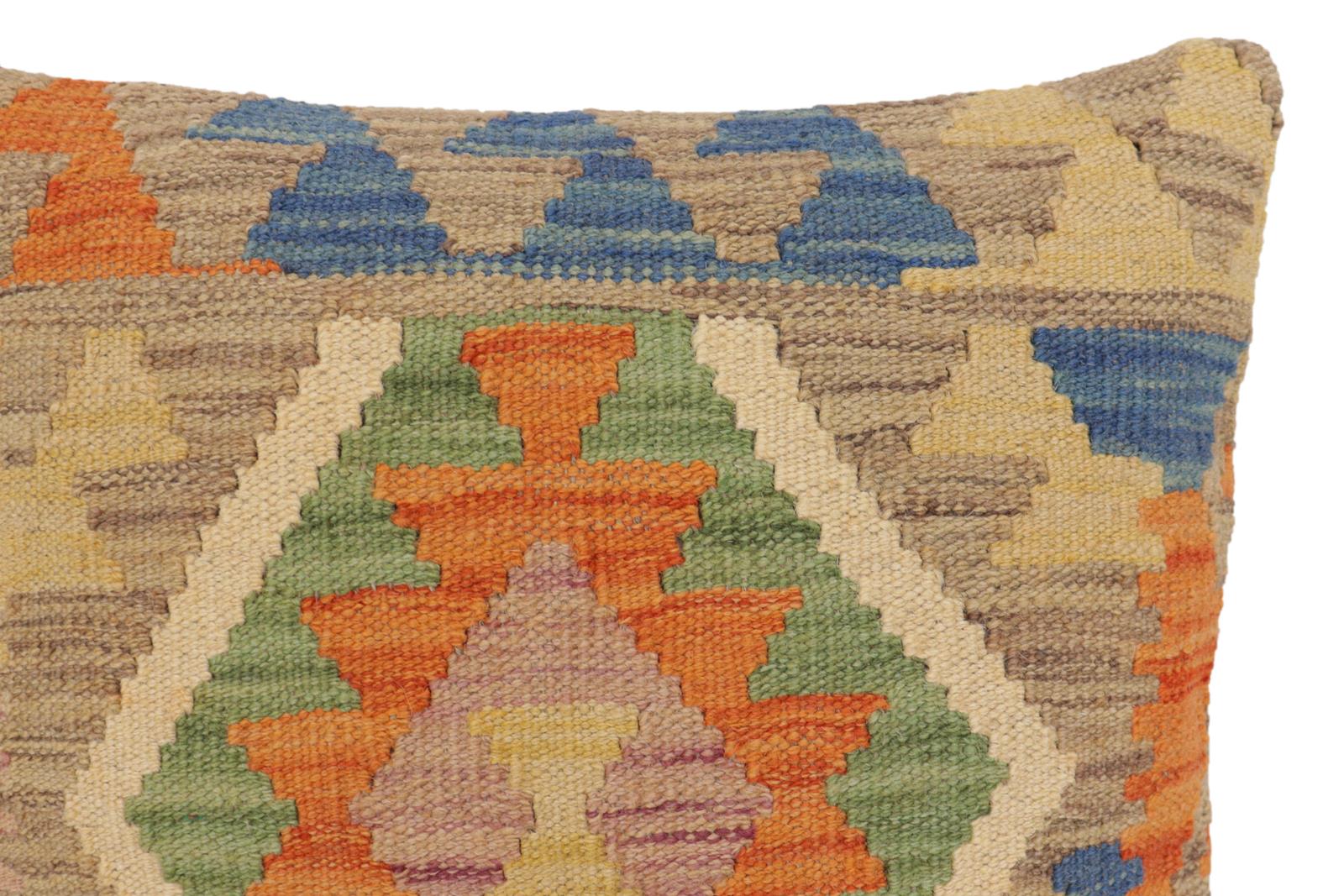 handmade Traditional Pillow Blue Orange Hand-Woven SQUARE 100% WOOL Hand woven turkish pillow2 x 2