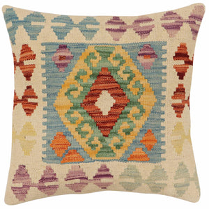 18x18 hand woven kilim throw pillow in blue, rust and beige - Tribal Meza