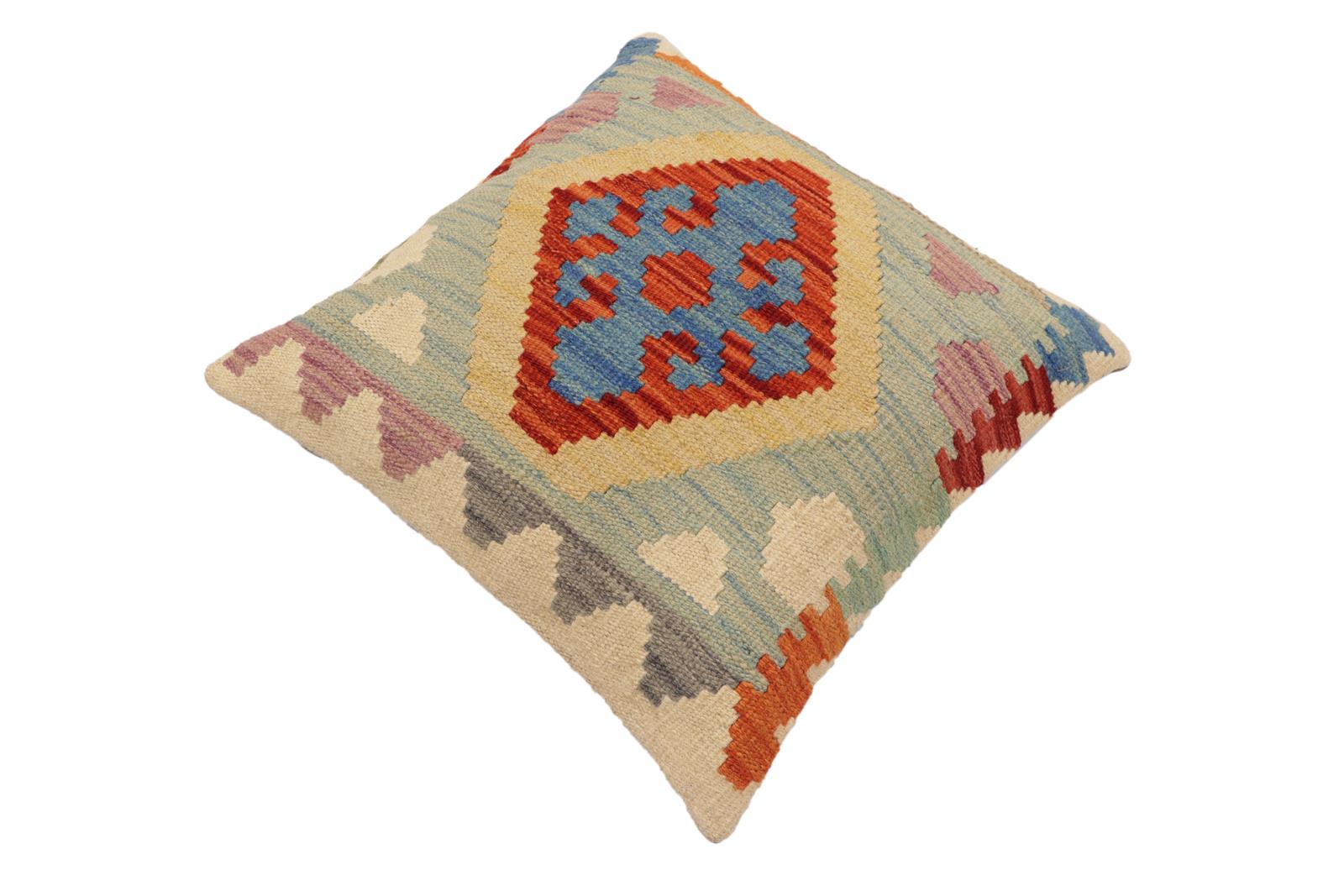handmade Traditional Pillow Rust Blue Hand-Woven SQUARE 100% WOOL Hand woven turkish pillow2 x 2