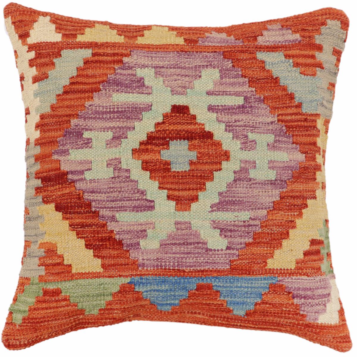 18x18 hand woven kilim throw pillow in rust, blue and beige - Boho Chic Pope