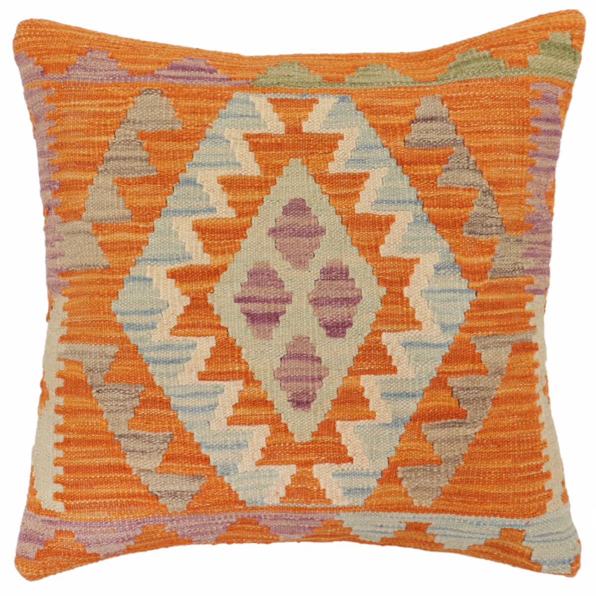 18x18 hand woven kilim throw pillow in orange, blue and beige - Rustic Clayton