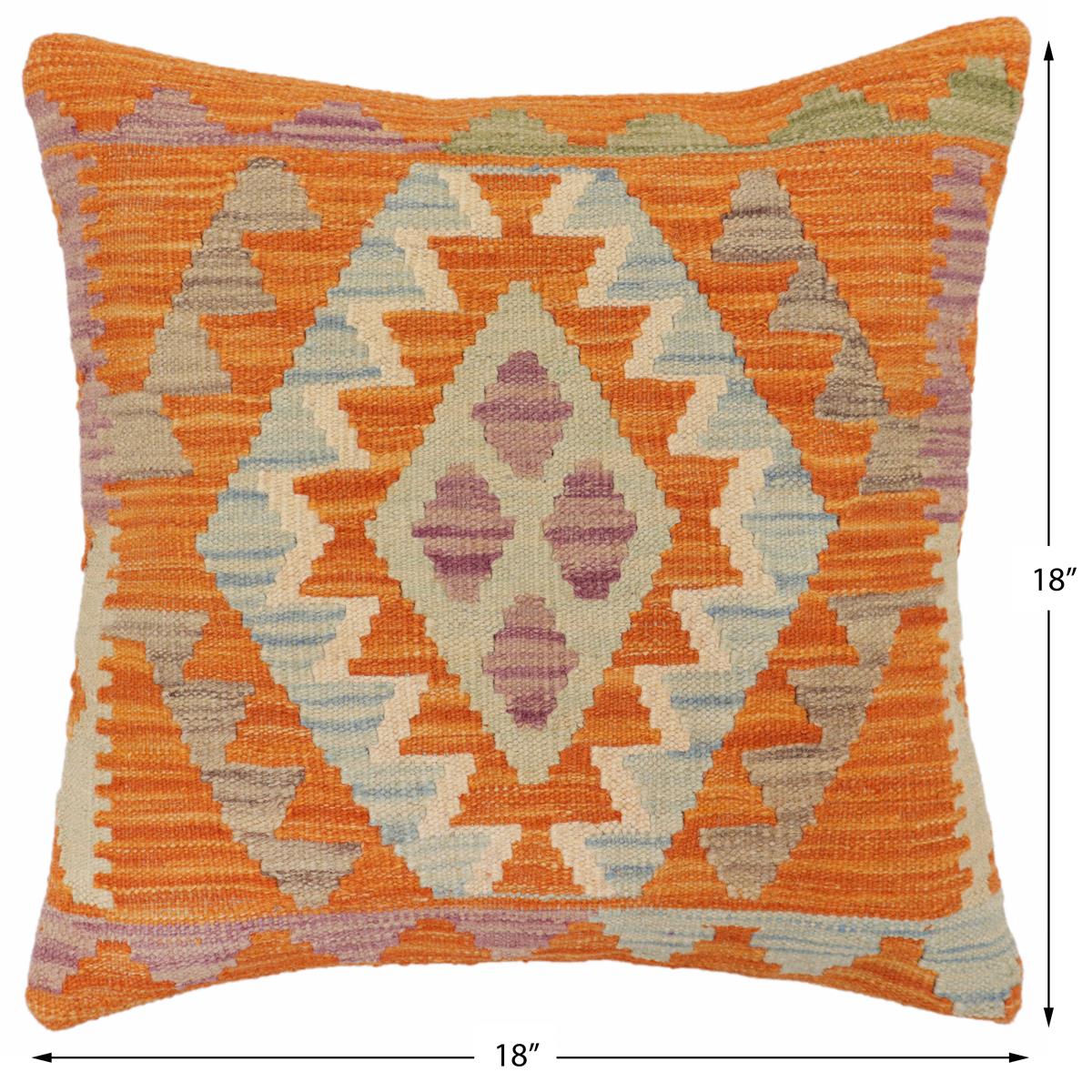 handmade Traditional Pillow Orange Blue Hand-Woven SQUARE 100% WOOL Hand woven turkish pillow2 x 2