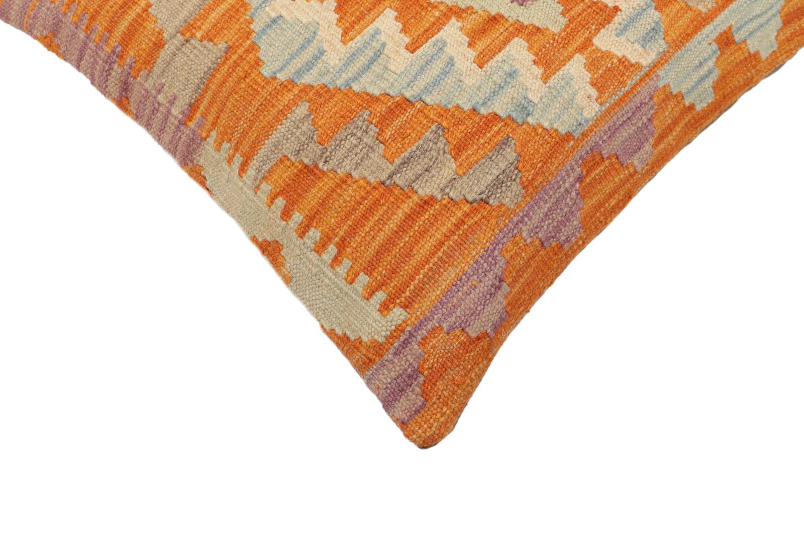handmade Traditional Pillow Orange Blue Hand-Woven SQUARE 100% WOOL Hand woven turkish pillow2 x 2