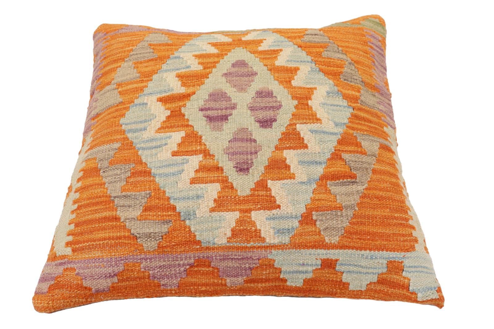 handmade Traditional Pillow Orange Blue Hand-Woven SQUARE 100% WOOL Hand woven turkish pillow2 x 2