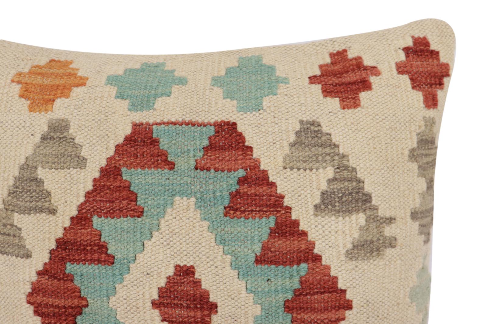 handmade Traditional Pillow Beige Red Hand-Woven SQUARE 100% WOOL Hand woven turkish pillow2 x 2