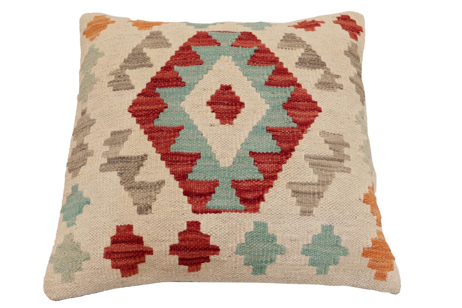 handmade Traditional Pillow Beige Red Hand-Woven SQUARE 100% WOOL Hand woven turkish pillow2 x 2