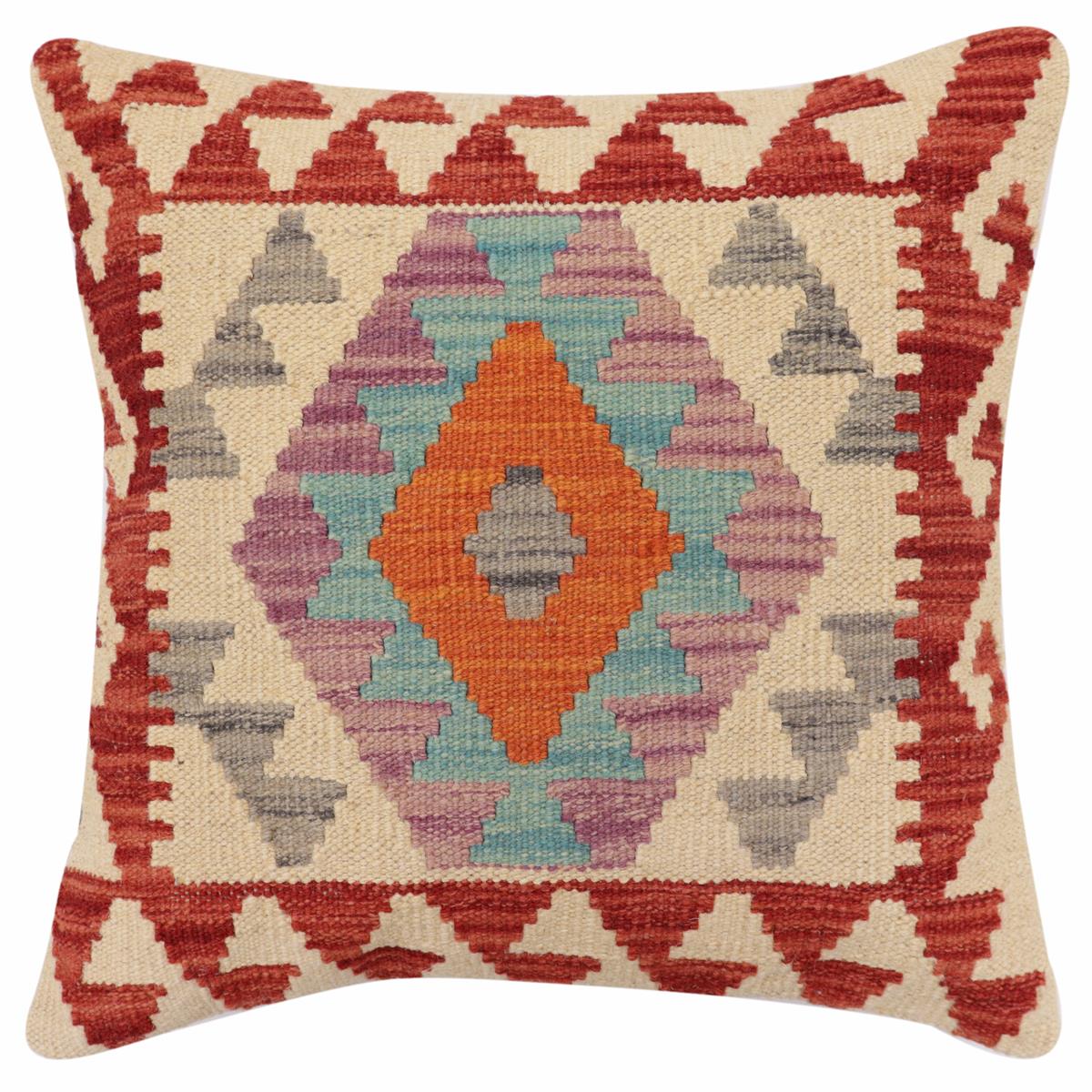 18x18 hand woven kilim throw pillow in red, blue and rust - Tribal Meyer