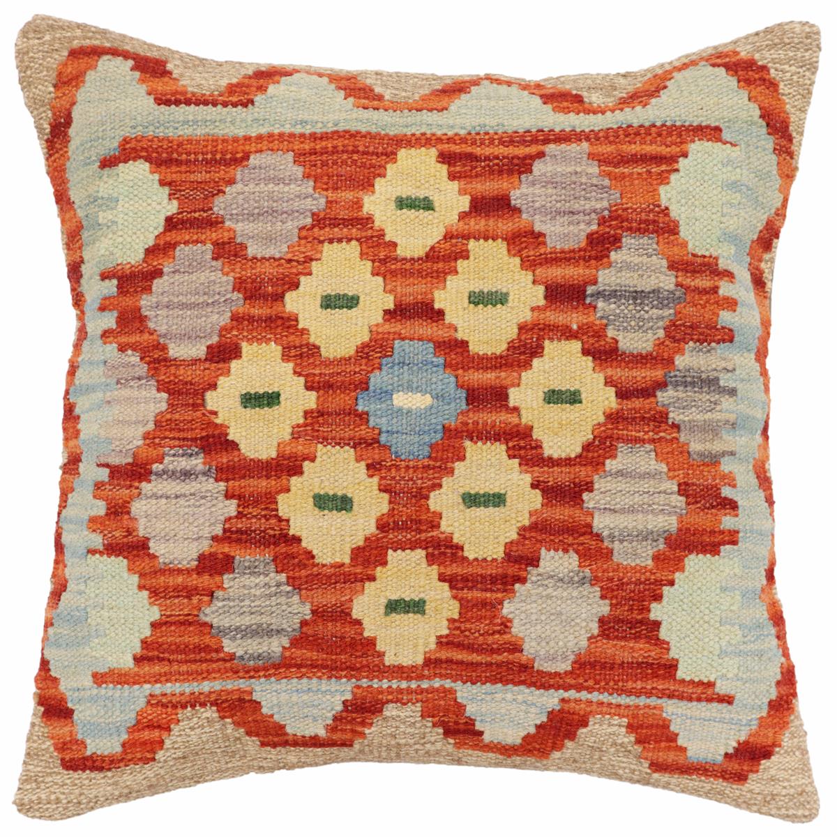18x18 hand woven kilim throw pillow in rust, blue and brown - Bohemian Spencer