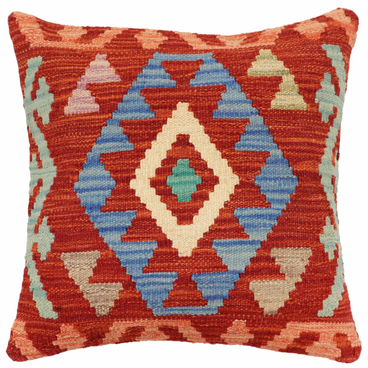 18x18 hand woven kilim throw pillow in rust, blue and beige - Boho Chic Krause