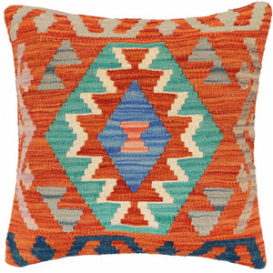 18x18 hand woven kilim throw pillow in rust, blue and green - Southwestern King