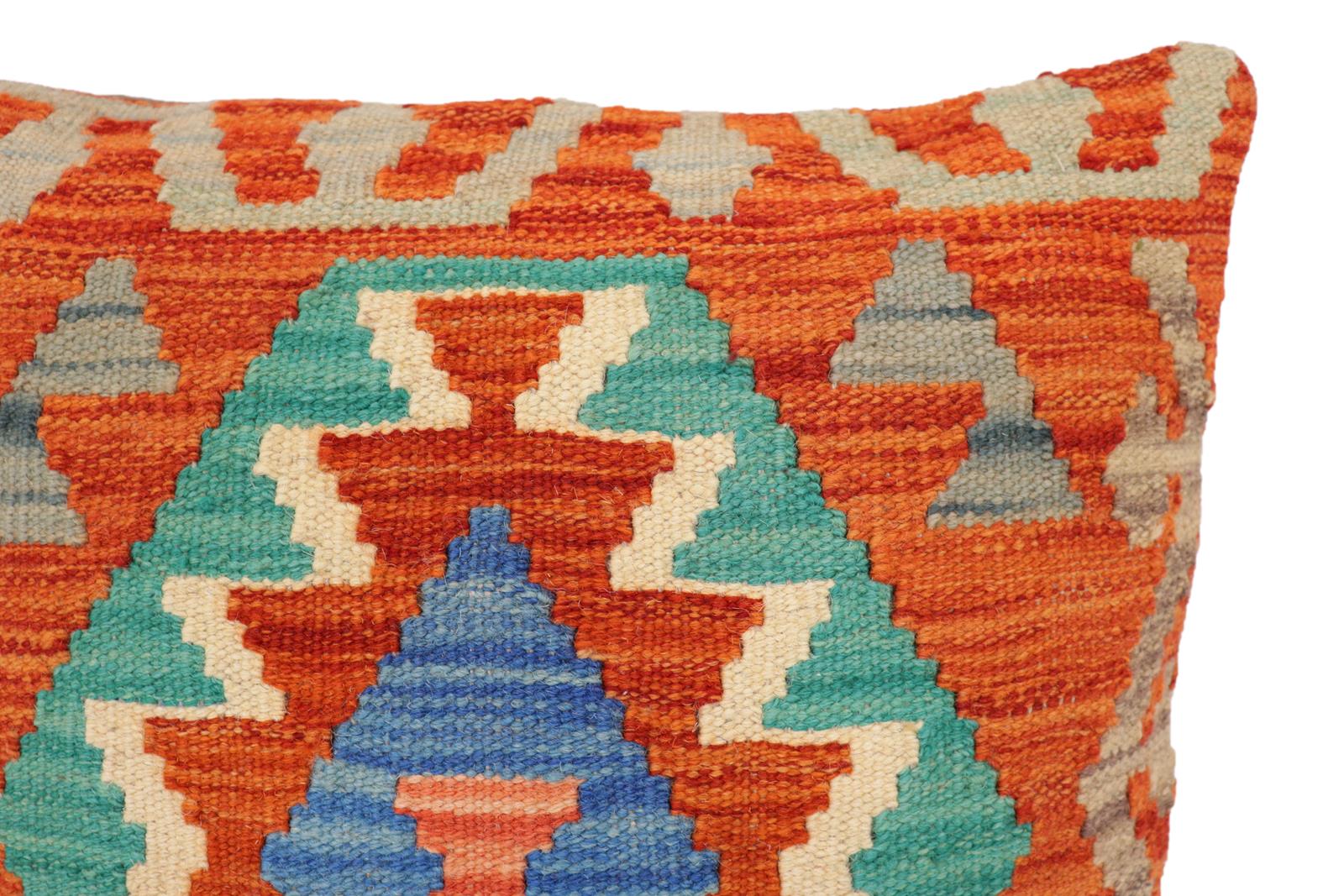 handmade Traditional Pillow Rust Blue Hand-Woven SQUARE 100% WOOL Hand woven turkish pillow2 x 2