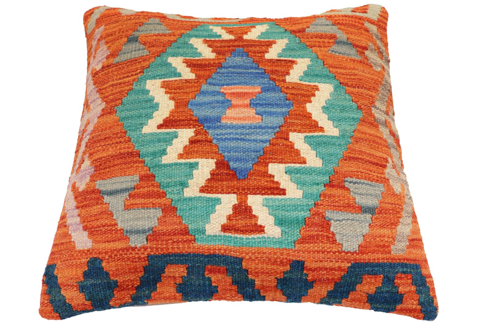 handmade Traditional Pillow Rust Blue Hand-Woven SQUARE 100% WOOL Hand woven turkish pillow2 x 2