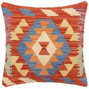 18x18 hand woven kilim throw pillow in rust, blue and beige - Tribal Liu