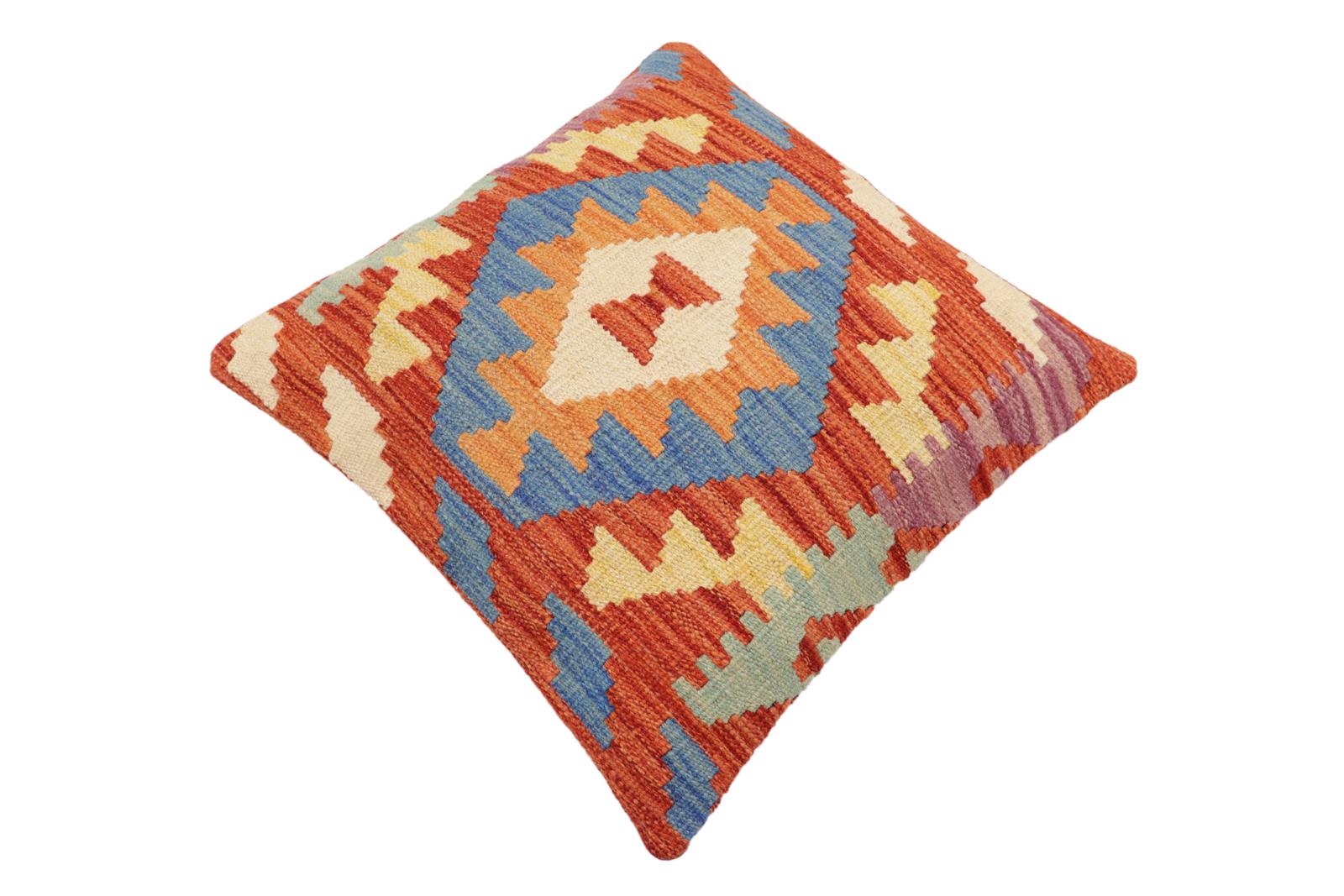 handmade Traditional Pillow Rust Blue Hand-Woven SQUARE 100% WOOL Hand woven turkish pillow2 x 2
