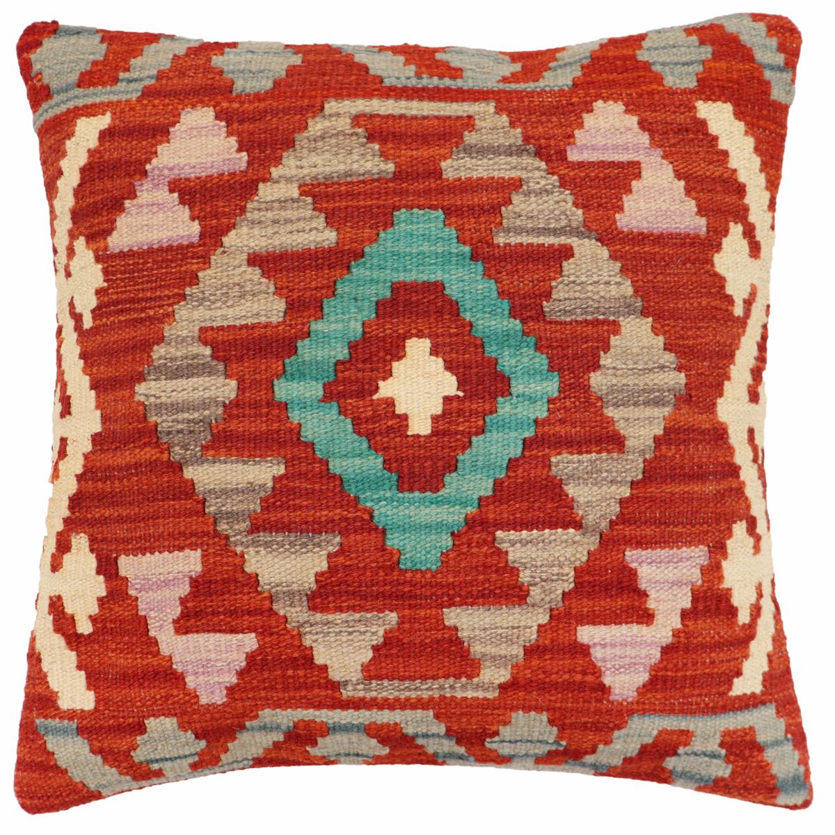 18x18 hand woven kilim throw pillow in rust, blue and beige - Boho Chic Sanchez