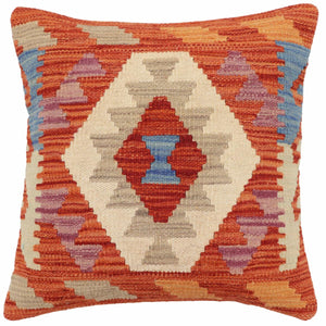 18x18 hand woven kilim throw pillow in rust, blue and beige - Southwestern Lester