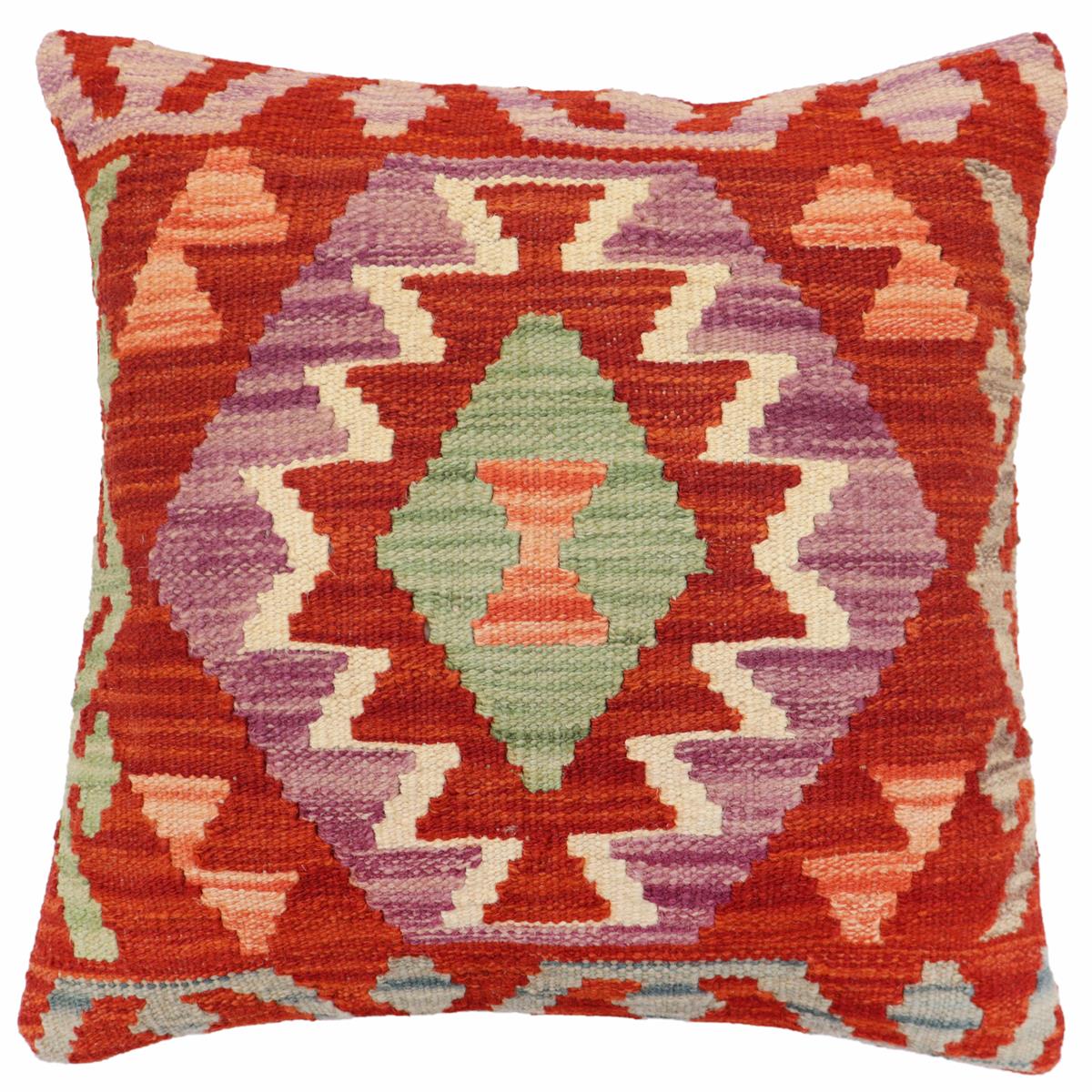 18x18 hand woven kilim throw pillow in rust, blue and purple - Bohemian Wells