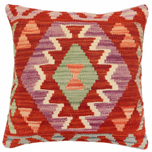 18x18 hand woven kilim throw pillow in rust, blue and purple - Bohemian Wells