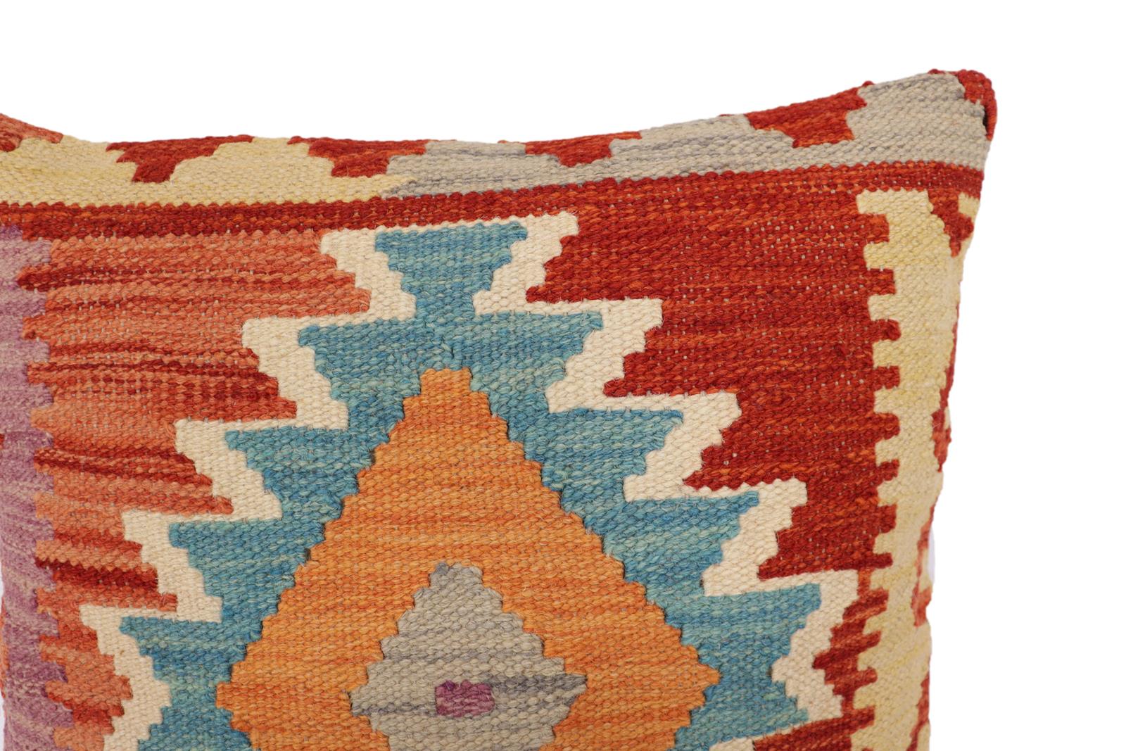 handmade Traditional Pillow Rust Blue Hand-Woven SQUARE 100% WOOL Hand woven turkish pillow2 x 2