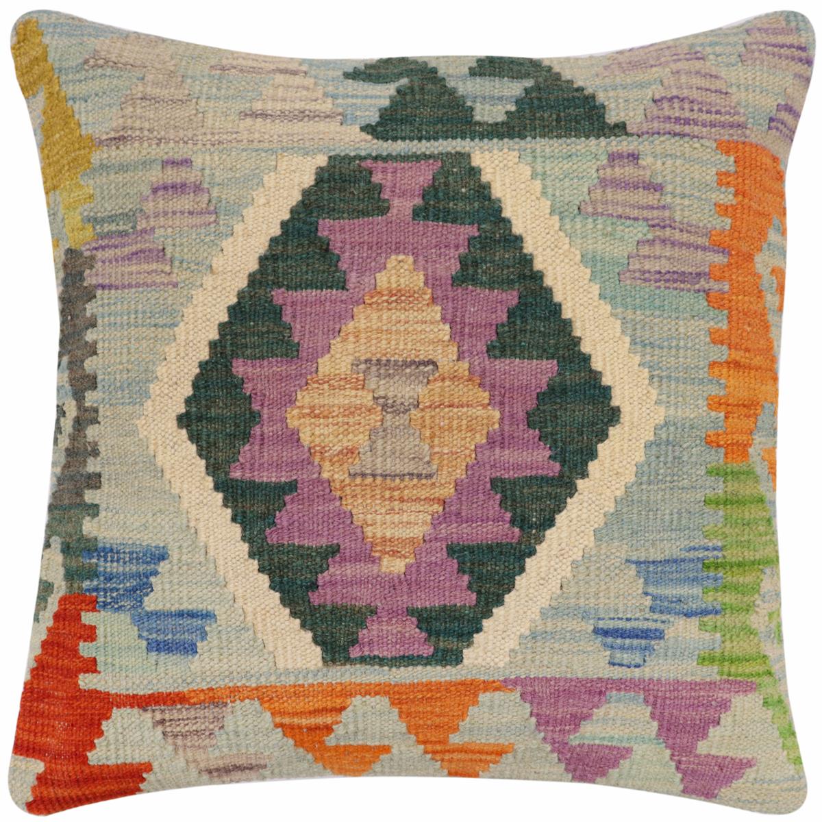 18x18 hand woven kilim throw pillow in blue, green and rust - Southwestern Sims