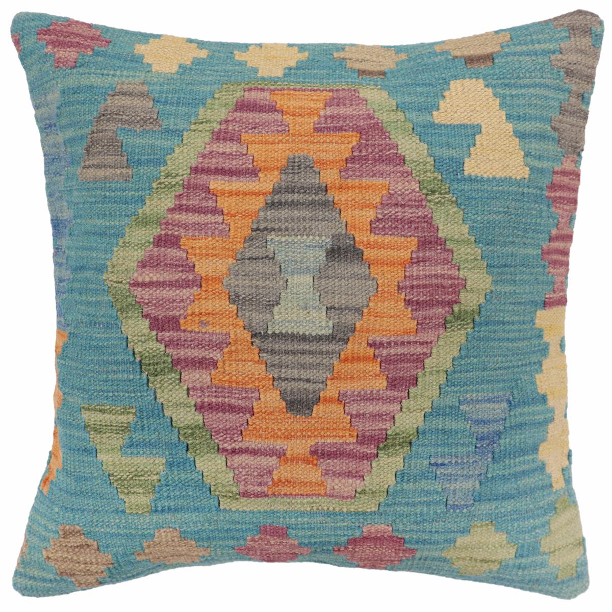 18x18 hand woven kilim throw pillow in blue, gray and purple - Rustic Bennett
