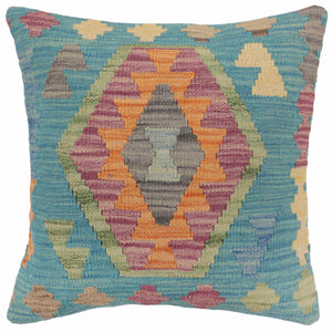 18x18 hand woven kilim throw pillow in blue, gray and purple - Rustic Bennett