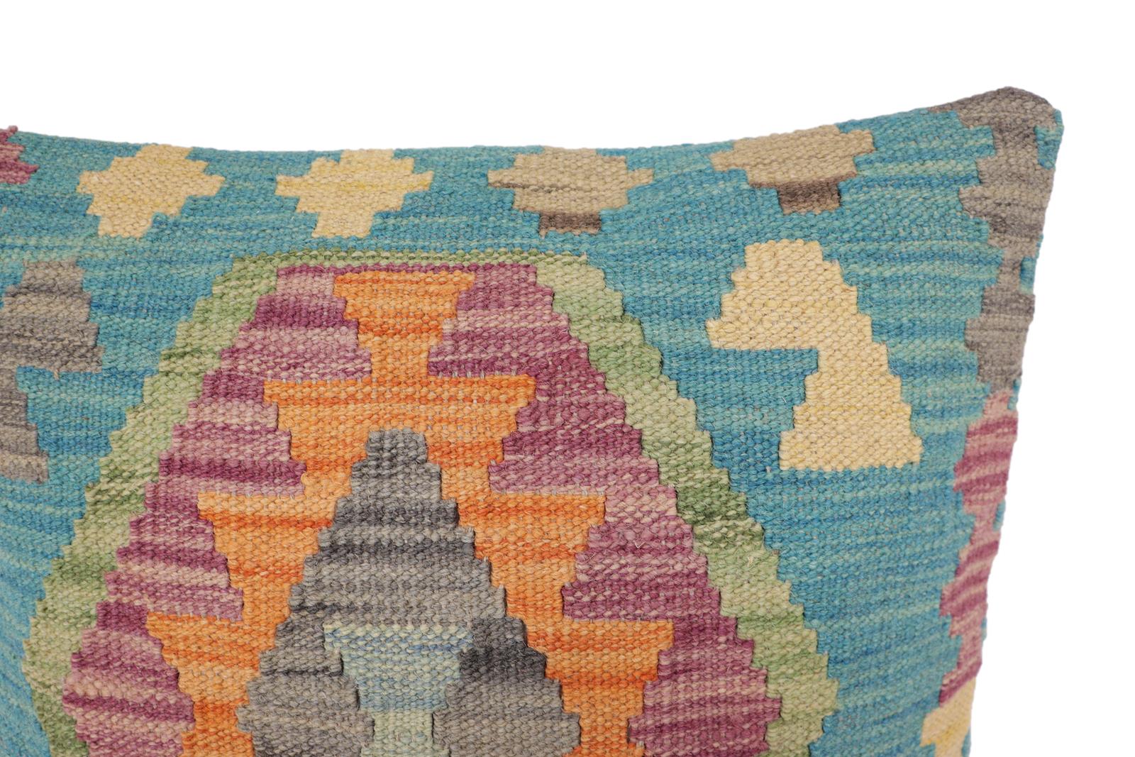 handmade Traditional Pillow Blue Gray Hand-Woven SQUARE 100% WOOL Hand woven turkish pillow2 x 2