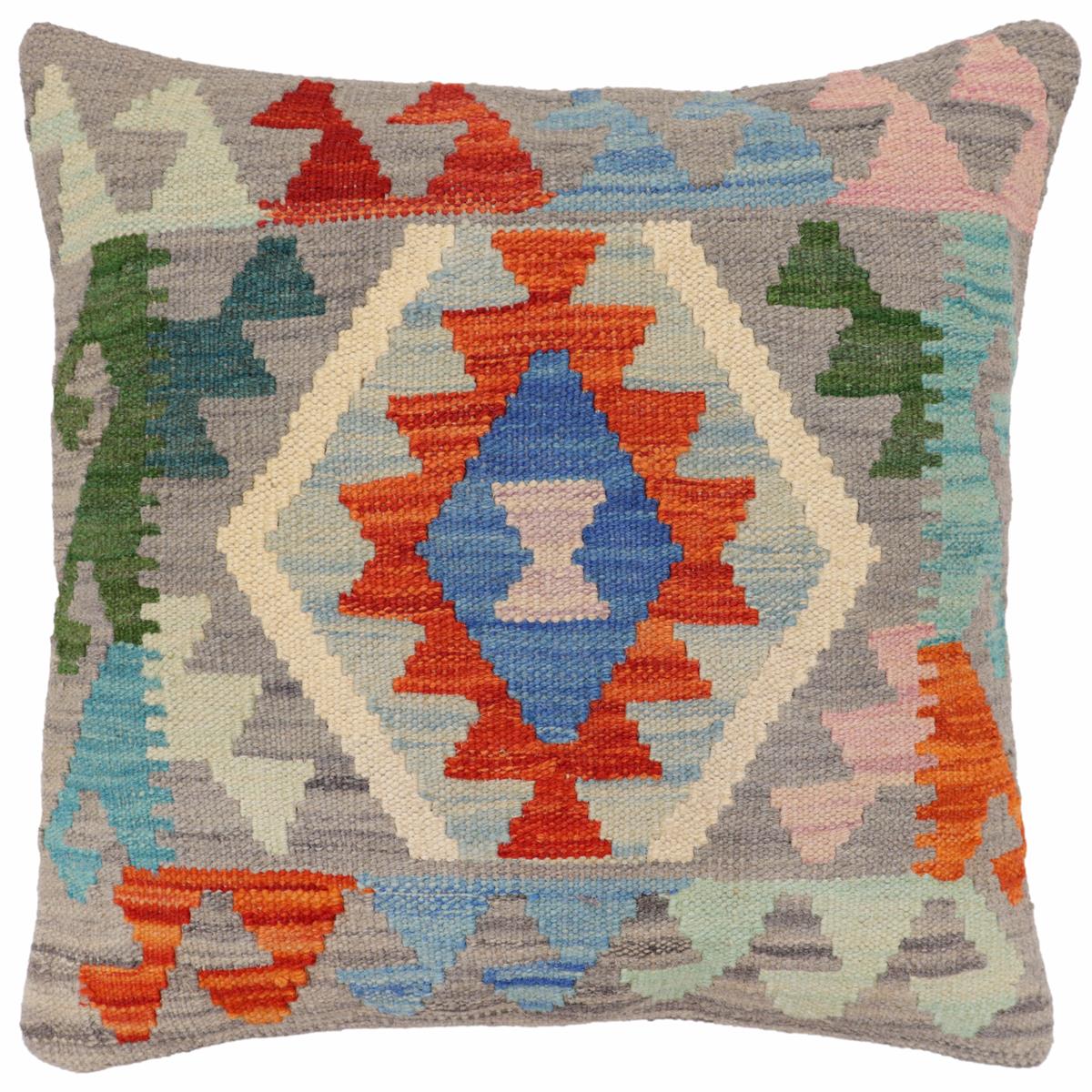 18x18 hand woven kilim throw pillow in gray, rust and blue - Tribal Ortiz