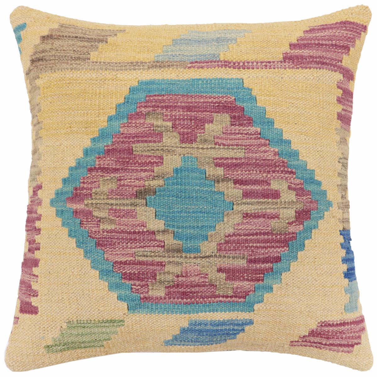 18x18 hand woven kilim throw pillow in blue, gray and yellow - Boho Chic Hudson