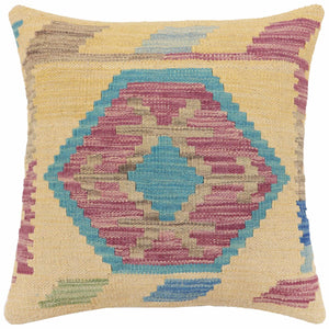 18x18 hand woven kilim throw pillow in blue, gray and yellow - Boho Chic Hudson